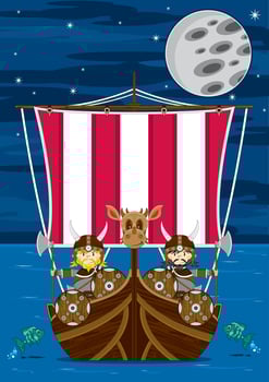 Cute Cartoon Viking Warriors on Longboat Norse History Illustration vector