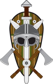 Cute Cartoon Viking Warrior Helmet with Shield and Sword Norse History Illustration vector