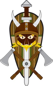 Cute Cartoon Viking Warrior with Shield and Axe Norse History Illustration vector