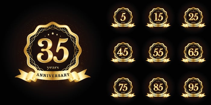 Anniversary golden luxury number emblem logo symbol vector graphic badge for birthday, age, corporate business, wedding, certificate, year, event