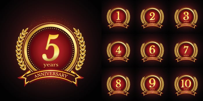 Anniversary golden luxury number emblem logo symbol vector graphic badge for birthday, age, corporate business, wedding, certificate, year, event