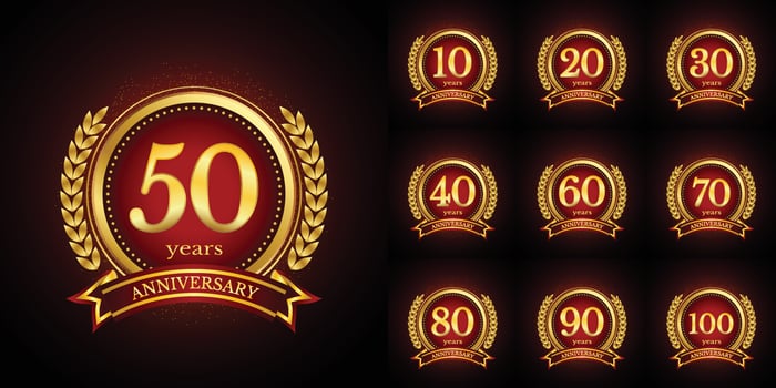 Anniversary golden luxury number emblem logo symbol vector graphic badge for birthday, age, corporate business, wedding, certificate, year, event
