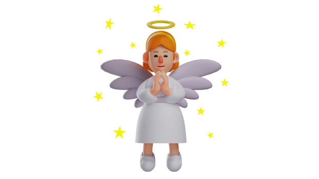 3D illustration. Charming angel 3D Cartoon Character. beautiful angel smiles and clasps her hands in front of her chest. Charming angel surrounded by shining stars. 3D cartoon character png