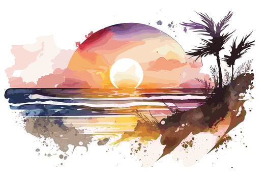 watercolor sunset at the beach illustration for social media ads, posters, banners, and book covers design vector
