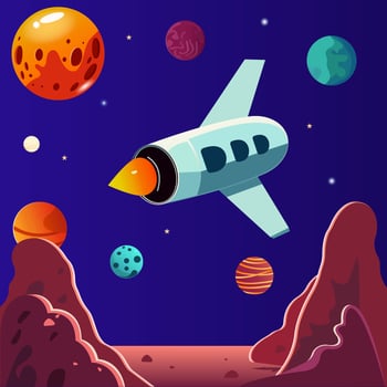 Cartoon space planets, stars, and UFO spaceship------------------Vector space illustration vector