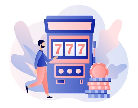 Casino and Gambling Concept. Tiny man gaming gambling games. People play Slot Machine. Modern flat cartoon style. Vector illustration