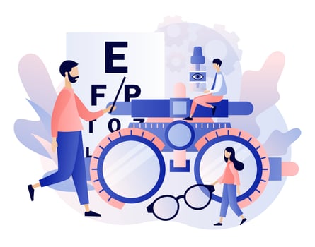 Ophthalmology concept. Eye check up. Ophthalmologist checks patient sight. Modern flat cartoon style. Vector illustration