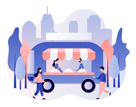 Weekend fest, food street fair, family festival concept. Food truck outdoor. Tiny people buy street food in food festival event. Modern flat cartoon style. Vector illustration