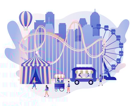 Amusement park concept. Tiny people with carousels, roller coaster, air balloon, circus, fun fair and carnival. Modern flat cartoon style. Vector illustration