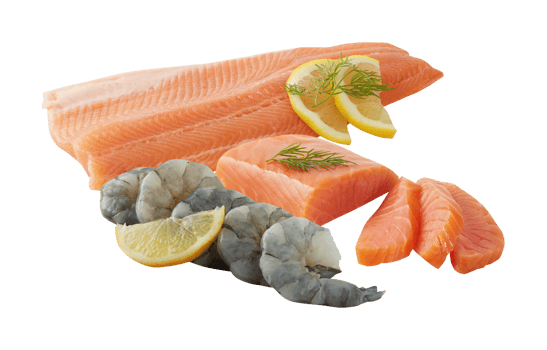 Fresh salmon and shrimp with cut out isolated on background transparent png