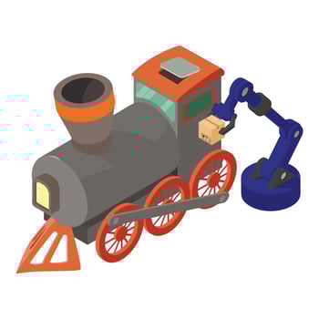 Rail transportation icon isometric vector. Warehouse manipulator near locomotive vector