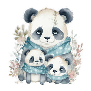 Cute watercolor panda family, png