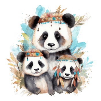 Cute watercolor panda family, png