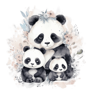 Cute watercolor panda family, png