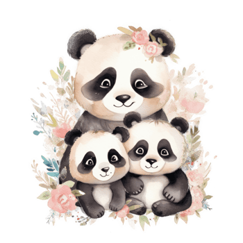 Cute watercolor panda family, png