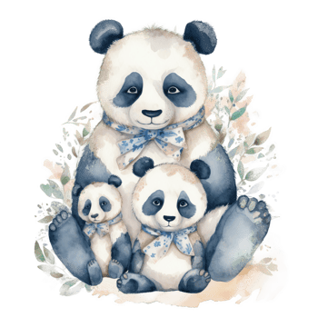 Cute watercolor panda family, png