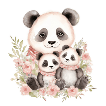 Cute watercolor panda family, png