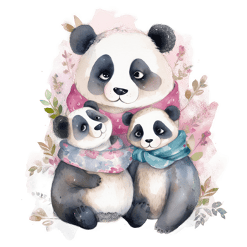 Cute watercolor panda family, png