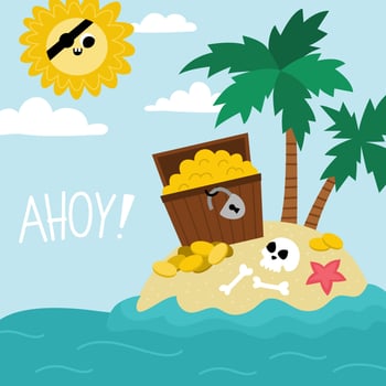 Vector treasure island landscape illustration. Pirate party scene with uninhabited isle, treasure chest, palm trees. Cute summer square background. Marine picture for kids with ahoy sign