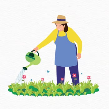 Flat illustration of a woman in a hat and apron watering flower garden vector