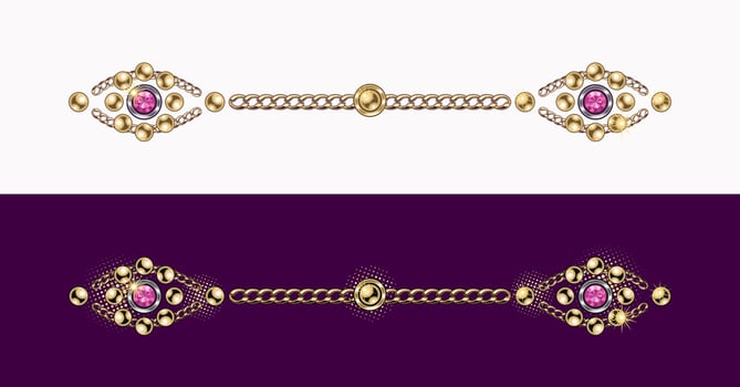 Vintage jewelry border line, divider made of gold ball beads, pink rhinestones, gems, gold chains on white and magenta background. Vector design element