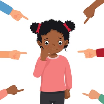 Little African girl crying get bullied at school feeling sad, guilty and ashamed with finger surrounding pointing at her blaming and accusing her in public vector