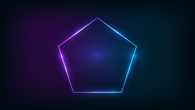 Neon frame in pentagon form with shining effects on dark background. Empty glowing techno backdrop. Vector illustration.