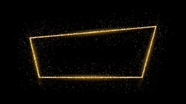 Golden frame with glitter, sparkles and flares on dark background. Empty luxury backdrop. Vector illustration.
