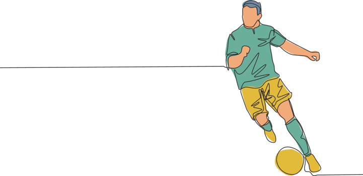 One single line drawing of young talented football midfielder dribbling a ball to the opponents area. Soccer match sports concept. Continuous line draw design vector illustration png