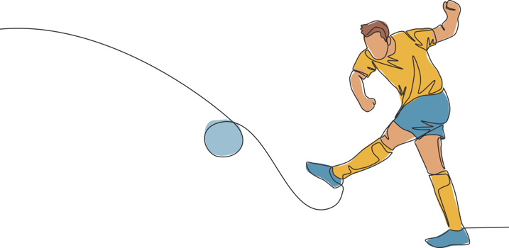 Single continuous line drawing of young passion football player shooting the ball really hard to the opponent's goal. Soccer match sports concept. One line draw design vector illustration png