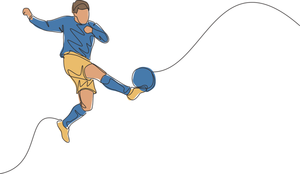 One single line drawing of young talented football player win the ball and shot the first time technique kick. Soccer match sports concept. Continuous line draw design vector illustration png