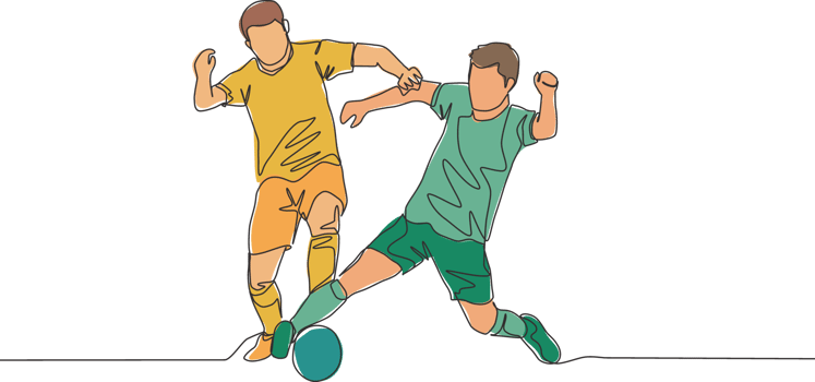 Single continuous line drawing of two football players fighting for the ball at the game. Soccer match sports concept. One line draw design vector illustration png