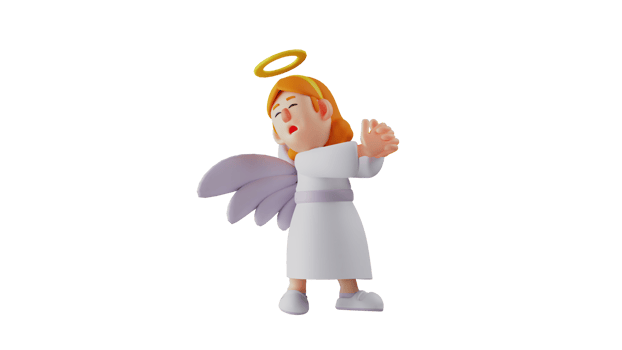 3D illustration. Tired Angel 3D Cartoon Character. The little fairy was stretching his arms forward. Little fairy in sports pose and feeling pain. 3D cartoon character png