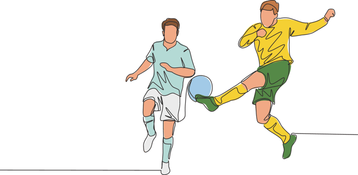 One continuous line drawing of young energetic football player doing ball clearance to keep his area safe from opponent attack. Soccer match sports concept. Single line draw design vector illustration png