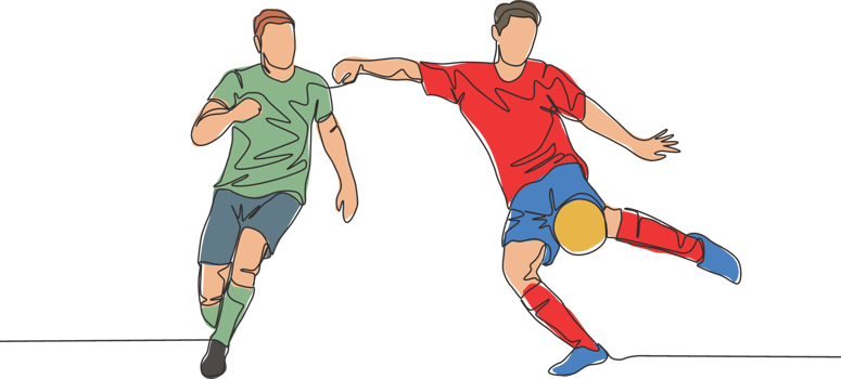 One continuous line drawing of young energetic striker kicking the ball but the defender try to block the shoot. Soccer match sports concept. Single line draw design vector illustration png