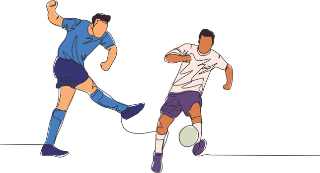 One continuous line drawing of young football striker shooting the ball and the defender blocking the ball. Soccer match sports concept. Single line draw design vector illustration png