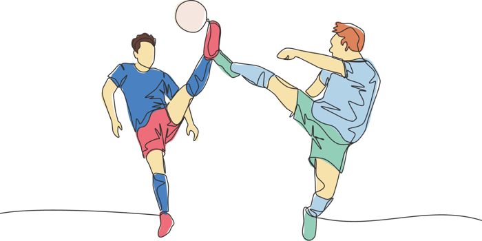 Single continuous line drawing of two young energetic opposite football players kick the ball together to get the ball. Soccer match sports concept. One line draw design vector illustration png