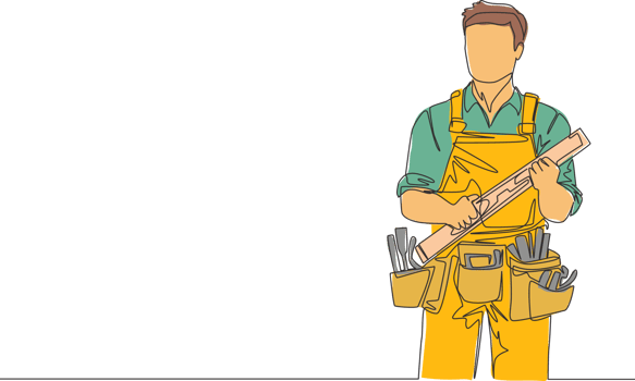 Single continuous line drawing of young handyman wearing building construction uniform while holding spirit level. Craftsman home repair service concept. One line draw design illustration png