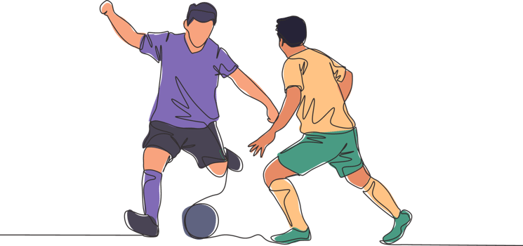 One continuous line drawing of young energetic football striker dribbling ball pass the opponent defender. Soccer match sports concept. Single line draw design vector illustration png