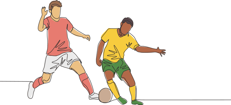 Single continuous line drawing of young energetic football player dribbling pass opponent player and running to the rival area. Soccer match sports concept. One line draw design vector illustration png