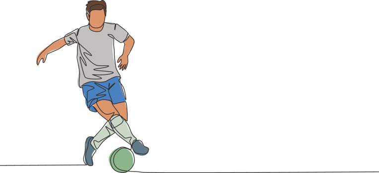 One continuous line drawing of young energetic football player controlling and dribbling the ball at the game. Soccer match sports concept. Single line draw design vector illustration png