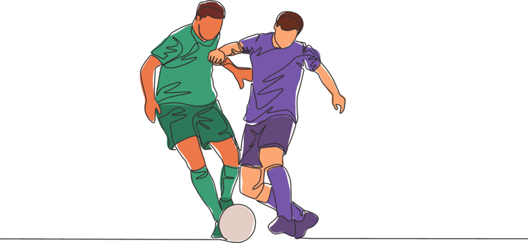 One continuous line drawing of young energetic football player try to pass opponent defender and score the ball to the goal. Soccer match sports concept. Single line draw design vector illustration png