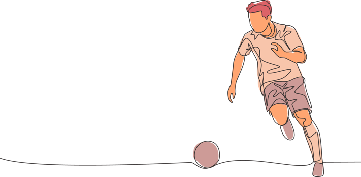 One continuous line drawing of young energetic football player dribbling the ball to the opponent area. Soccer match sports concept. Single line draw design vector illustration png