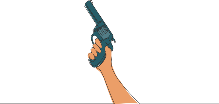 Single continuous line drawing of man holding revolver hand gun. Defense weapon concept. One line draw vector design illustration png