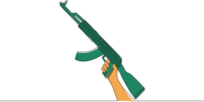 Single continuous line drawing of man holding military assault rifle gun. Defense weapon concept. One line draw vector design illustration png