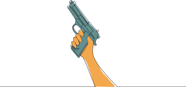 One continuous line drawing of man holding automatic hand gun. Defense weapon concept. Single line draw vector design illustration png