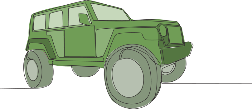 Single line drawing of 4x4 wheel drive tough jeep wrangler car. Adventure offroad rally vehicle transportation concept. One continuous line draw design png
