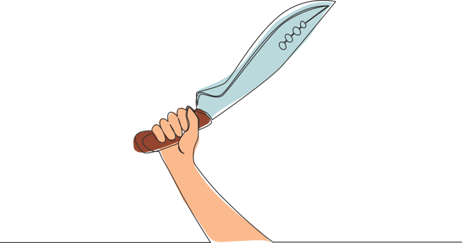 Single continuous line drawing of man holding traditional machete blade. One line draw vector design illustration png