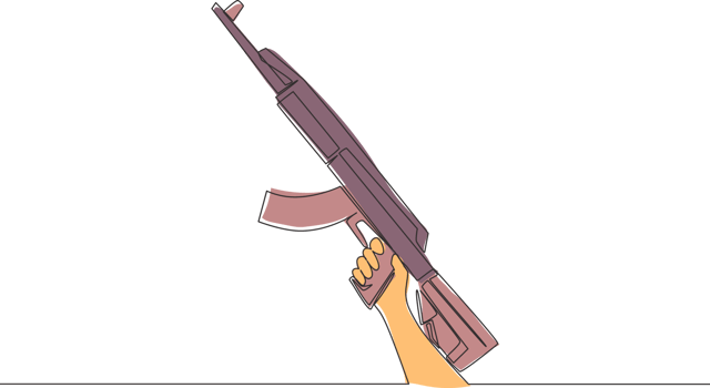 One continuous line drawing of man holding assault rifle automatic gun. Defense weapon concept. Single line draw vector design illustration png