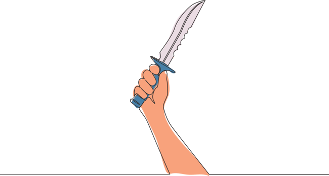 Single continuous line drawing of man holding military knife blade. One line draw vector design illustration png